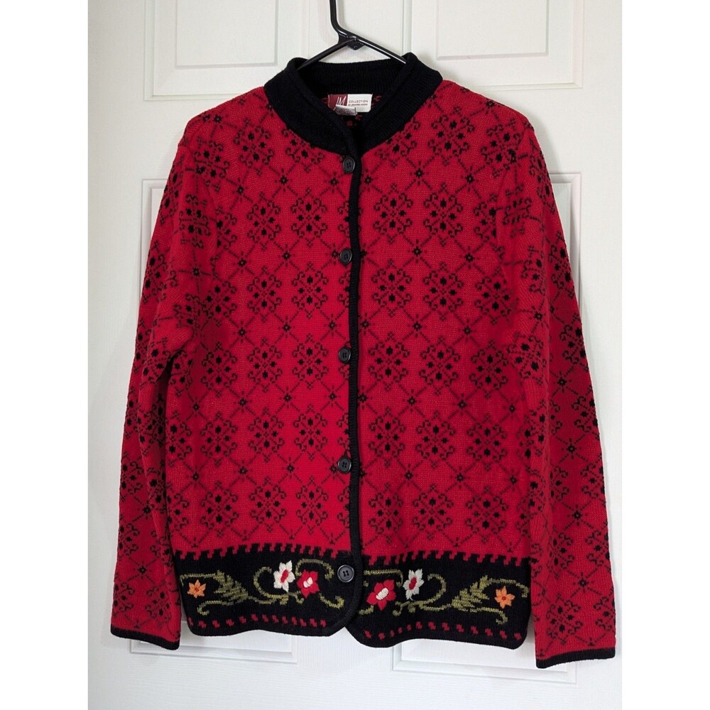 Jennifer Moore Cardigan L/S Sweater Womens Medium Floral Embroidered Red Black